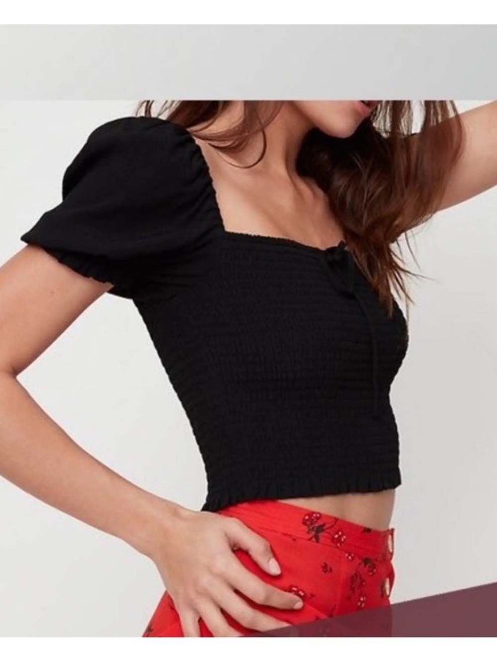 Wilfred Black Smocked Square-Neck Puff Sleeve Crop Top